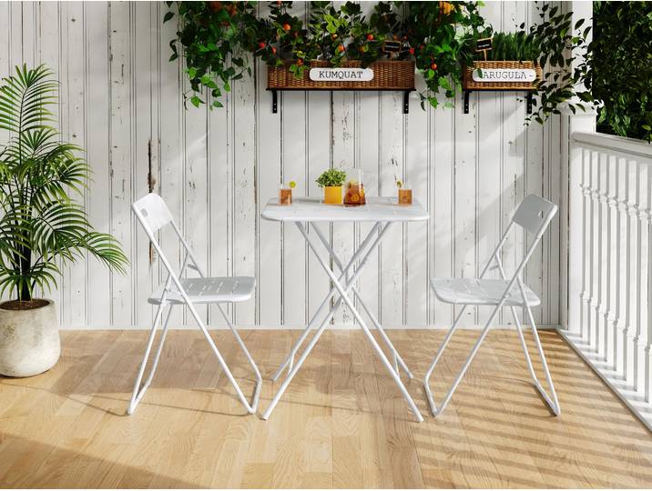 MODFU Tisch- und Stuhl-Set Platzsparend Leicht Zu Verstauen mit 1 Tisch und 2 Stühlen Geeignet für den Außenbereich und Garten Weiß