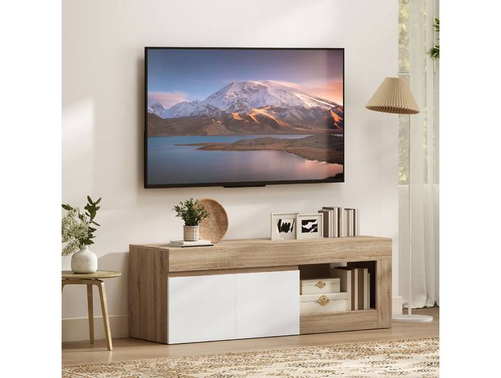 HOMCOM Meuble TV Moderne 140cm Blanc Bois avec Armoire et Étagère