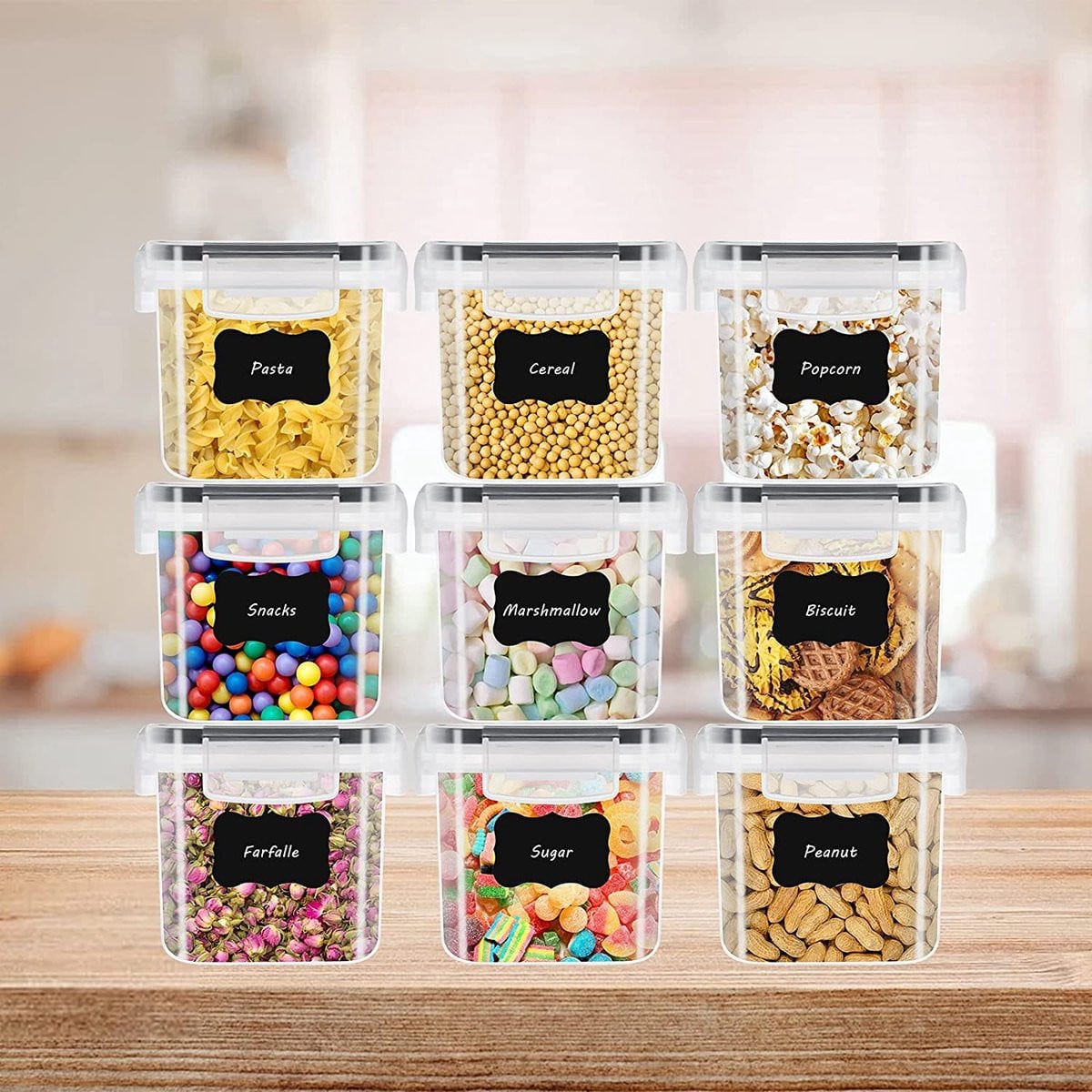 9-delige set luchtdichte voorraadcontainers van wit en transparant plastic, 8 liter, stapelbare keukenorganizer voor granen, muesli en rijst