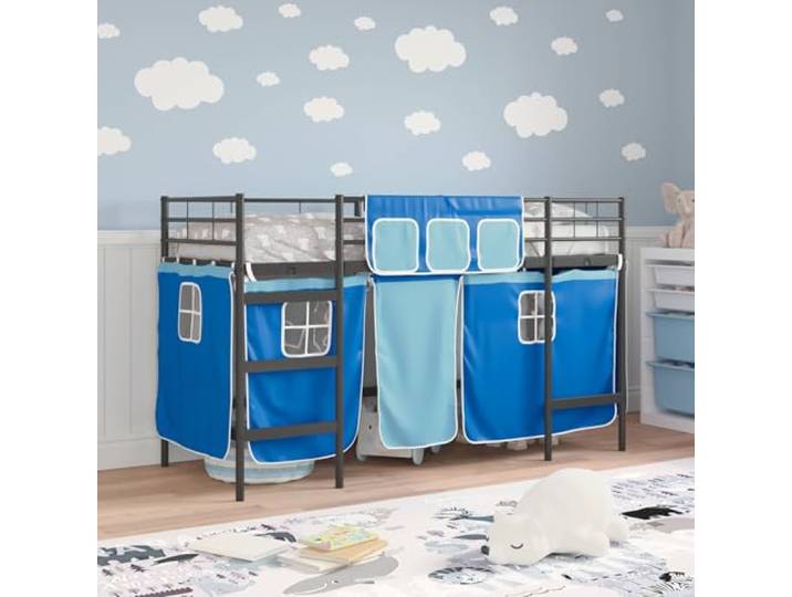 KTHLBRH Loft Einzelbett mit Vorhängen, Metall, Schwarz und Blau Metallgestell, Wand-Kopfteil, feste Latten, atmungsaktiv, ohne Zusammenbau