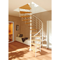 Dolle Spindeltreppe Oslo Ø120cm mit 294-322cm Geschosshöhe 13 Stufen 1 Podest Eiche lackiert Geländer weiß, mitlaufende Kunststoffstäbe