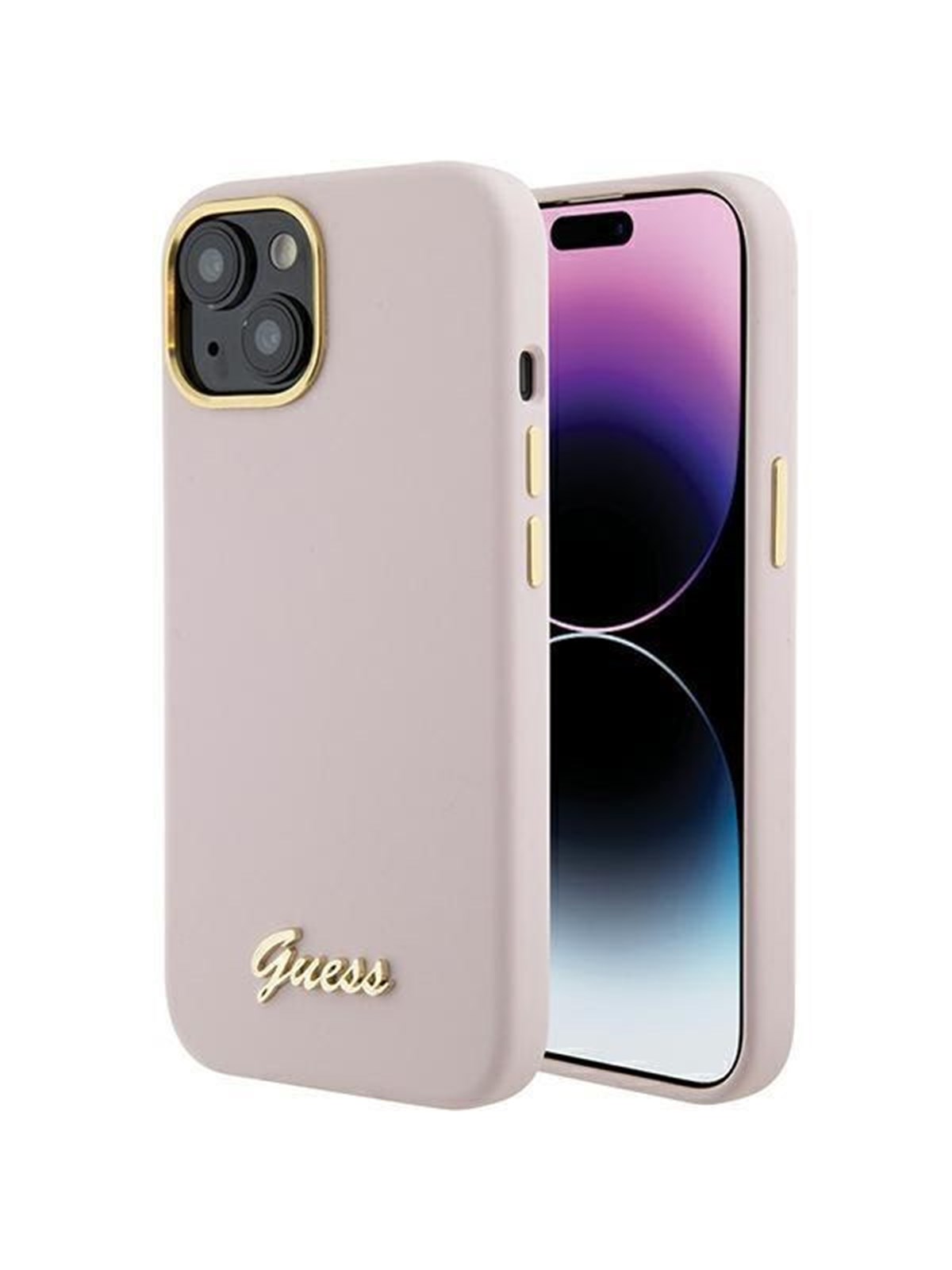 GUESS Silicone Script Metal Logo & Frame case for iPhone 15 - pink