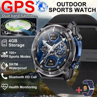 Inspire Daily Merch Tactical GPS Smartwatch With Offline Maps Waterproof Military Outdoor Watch black Mesh Belt
