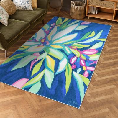 Empire Art Direct Blue Tropics I, Hand Washable Flowers Art Area Rug, power-loomed, 100% polyester, 2mm pile, non-slipping back