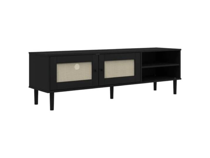 hliofuir TV-Schrank SENJA Rattan-Optik Schwarz Kiefernholz 158x40x49 cm Stilvoller TV-Tisch im Boho-Design für Wohnzimmer und Schlafzimmer, 3 Fächer und 2 Rattan-Türen bieten reichlich Stauraum.
