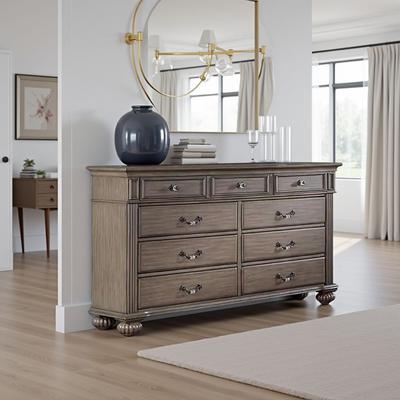 Benjara Recus Wide Dresser, 9 Drawers with Brass Handles, Gray Solid Wood