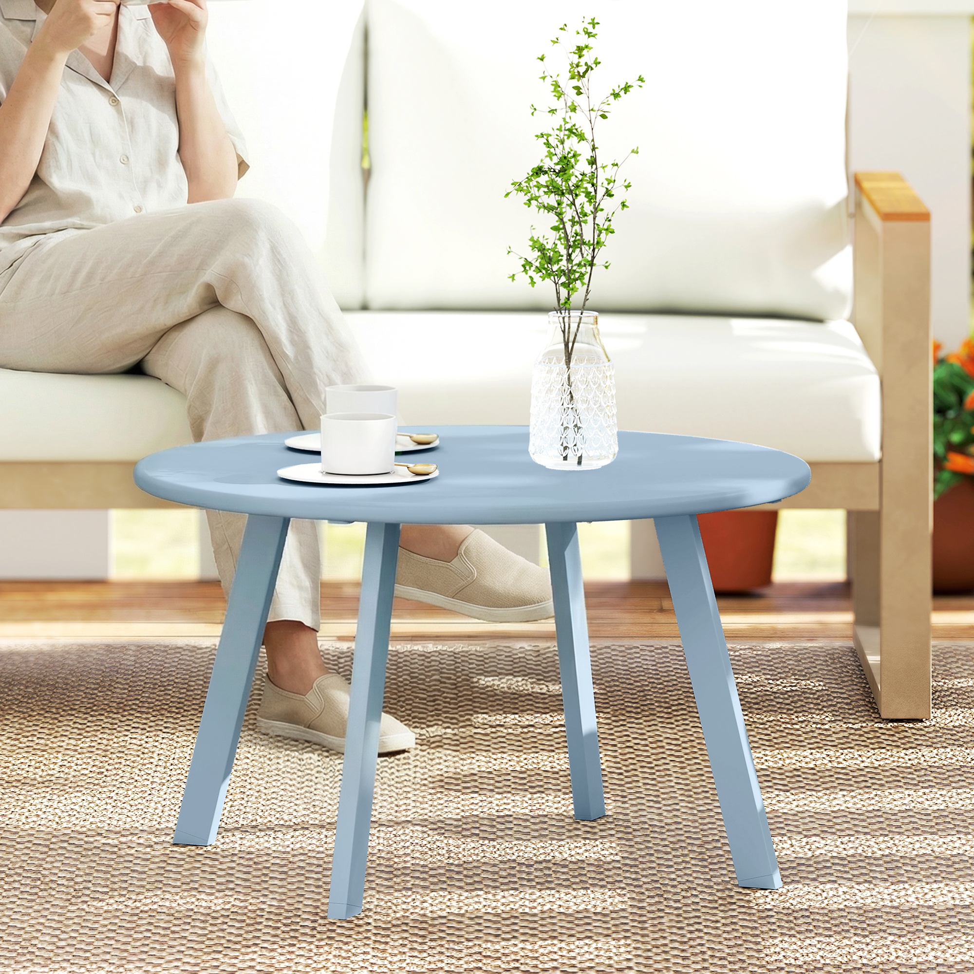 Outsunny Piccolo tavolino rotondo, tavolino d'appoggio con piedini antiscivolo, struttura in metallo, per giardino, Ø 70 x 42 cm, blu   Aosom Italy