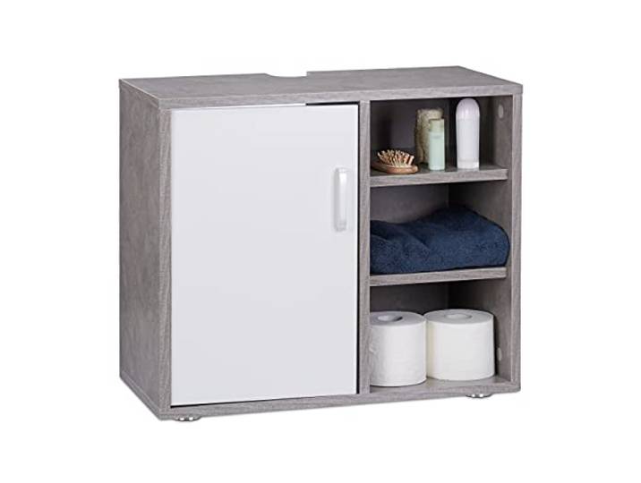 Relaxdays Waschbeckenunterschrank, eintürig, Badschrank, Betonoptik Aussparung, 3 Ablagen, Unterstellschrank 51x60x32cm