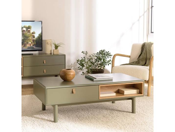 ETHAN - Table basse verte 2 tiroirs et 2 niches en bois naturel ETHAN