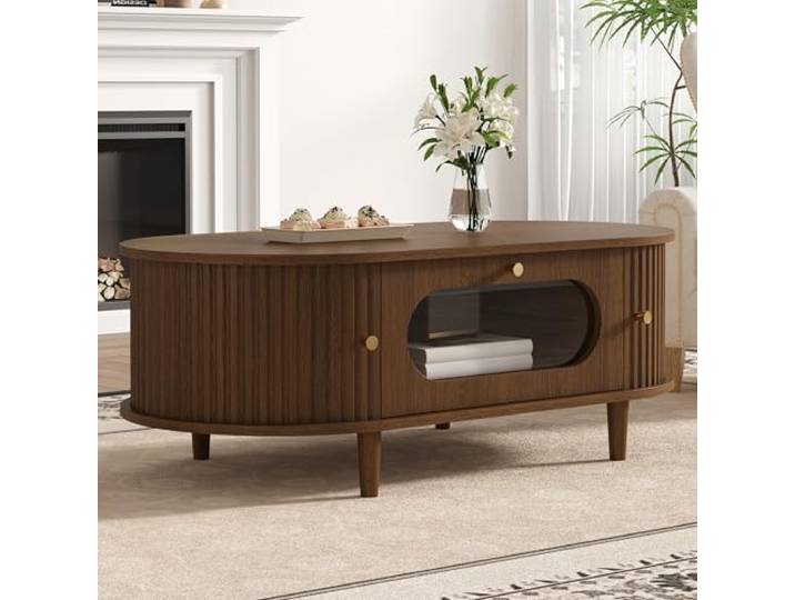 Merax Couchtisch Ovaler, Kaffeetisch mit Rolltür & Schubladen, Multifunktionaler Wohnzimmertisch Beistelltisch Sofatisch, Platzsparendes, Acryl-Elemente, Landhausstil, Wohnzimmermöbel, Walnussfarbe