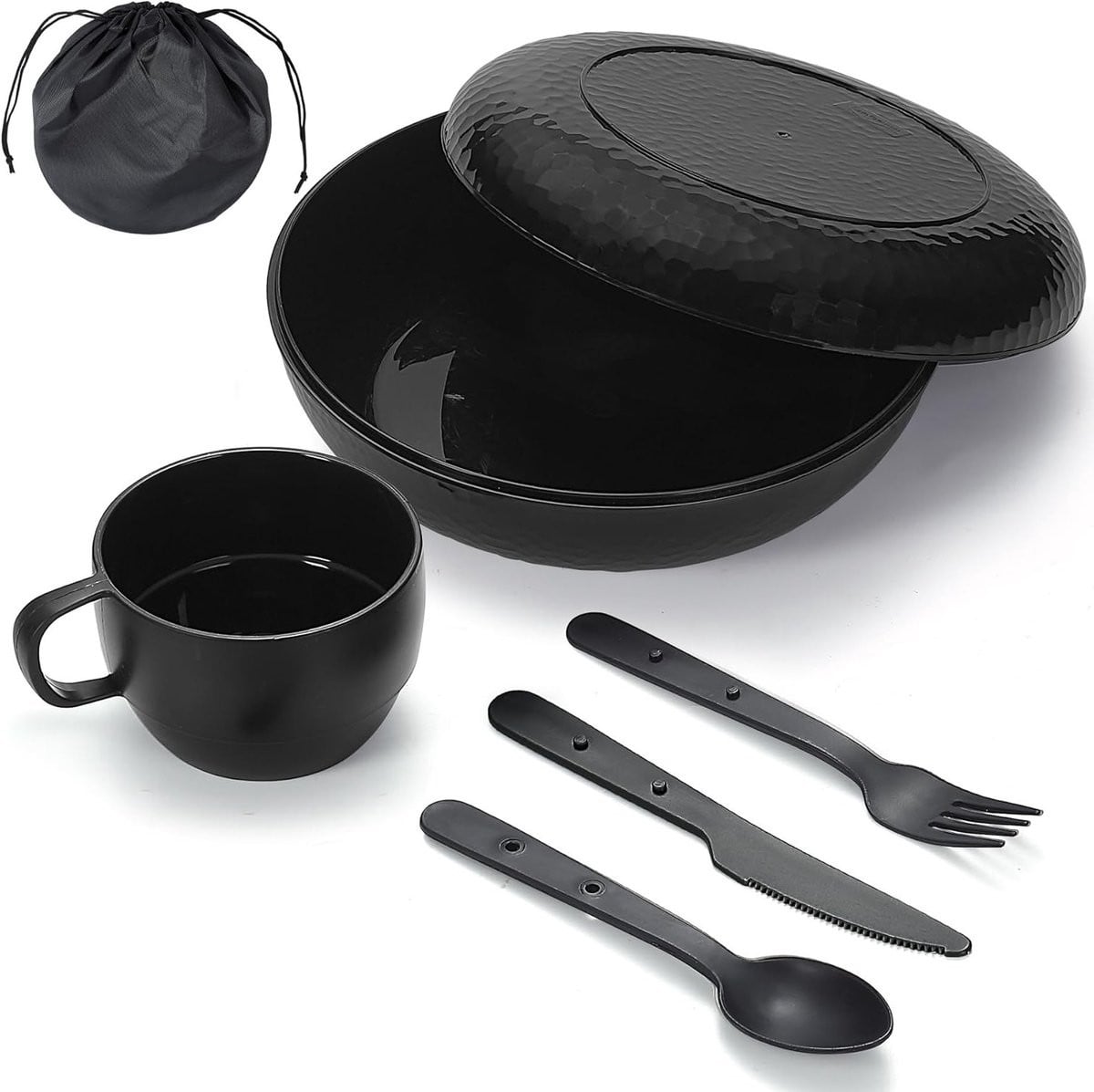 Complete Camping Mess Kit met Kom, Bord, Mok, Lepel, Vork, Mes en Draagtas - Lichtgewicht Plastic Servies voor Picknick en Buitenactiviteiten