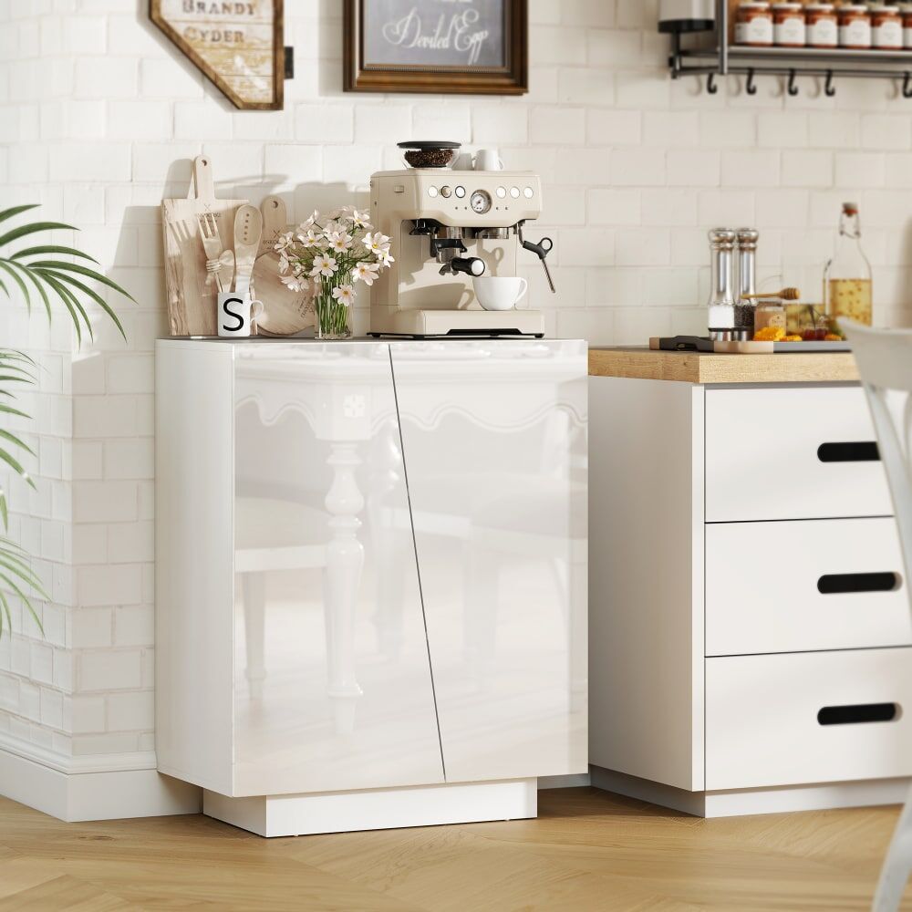 Homcom Buffet avec placards à portes panneau de particules blanc brillant Blanc 70x88x40cm