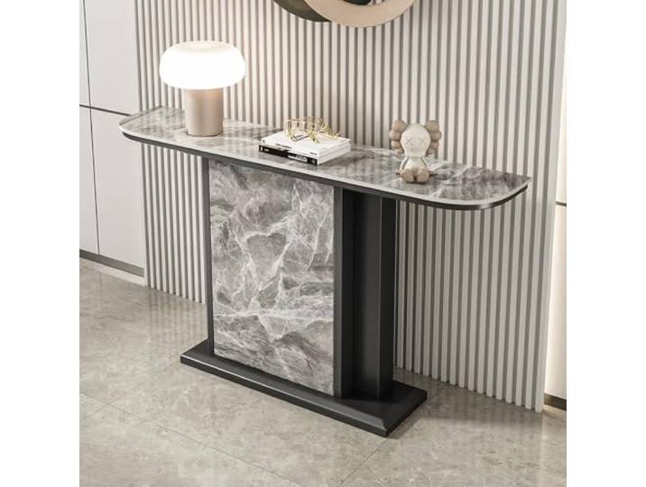 Moderne halbmondförmige Konsole Tisch, wandnaher Akzent-Eingangstisch Sintersteinplatte, platzsparendes Halbmonddesign, italienischer Minimalstil Flurkonsole Tisch(Black Frame‑E,150cm/59.05 )
