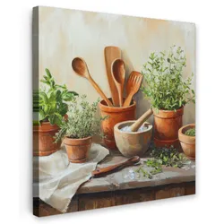 LEINWANDBILD Töpfe - Kräuter - Holz Wandbild Wohnzimmer 50x50 cm