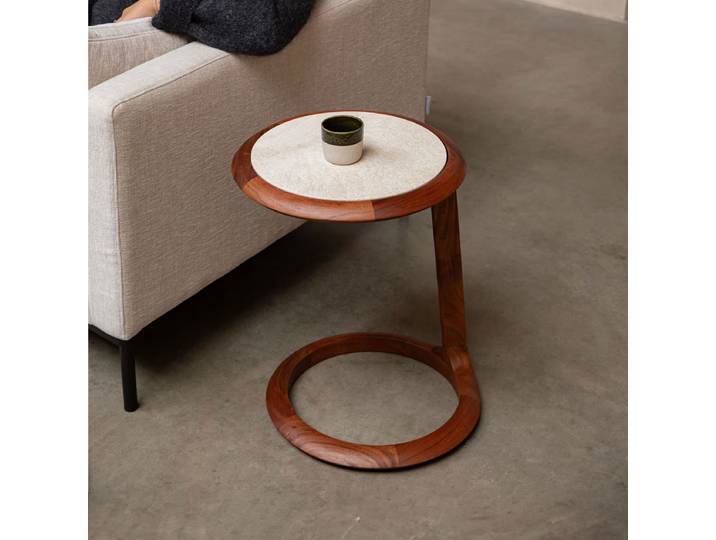 Zuiver Bijzettafel Doppio Travertin en acaciahout, 45 x 41cm - Bruin - Rond