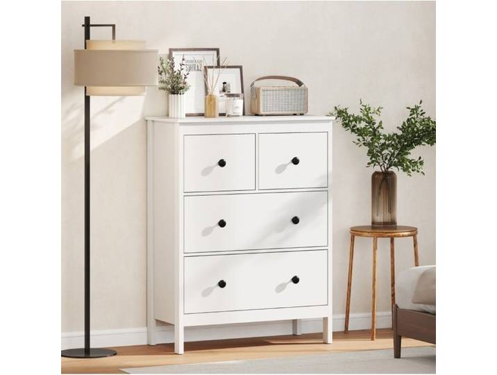 Commode 4 tiroirs blanche pour chambre et entrée 2 grands tiroirs 2 petits panneaux de particules ORVRYN