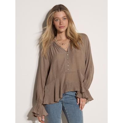Klassische Bluse APRICOT "Bluse mit strukturiertem Peplum-Saum", Damen, Gr. 12, braun (stone), gewebt, , Modisch, normal, V-Ausschnitt, Flügelärmel, Blusen Bluse, Knopfleiste