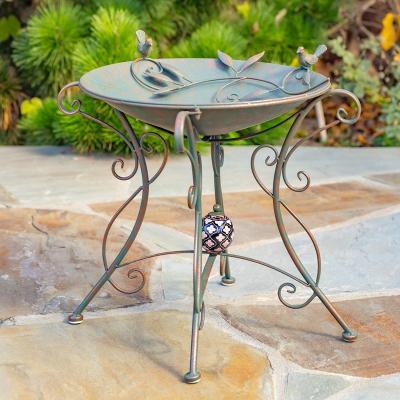Zaer Ltd "23"" Tall Iron Birdbath with Bird Details & Porcelain Accent"