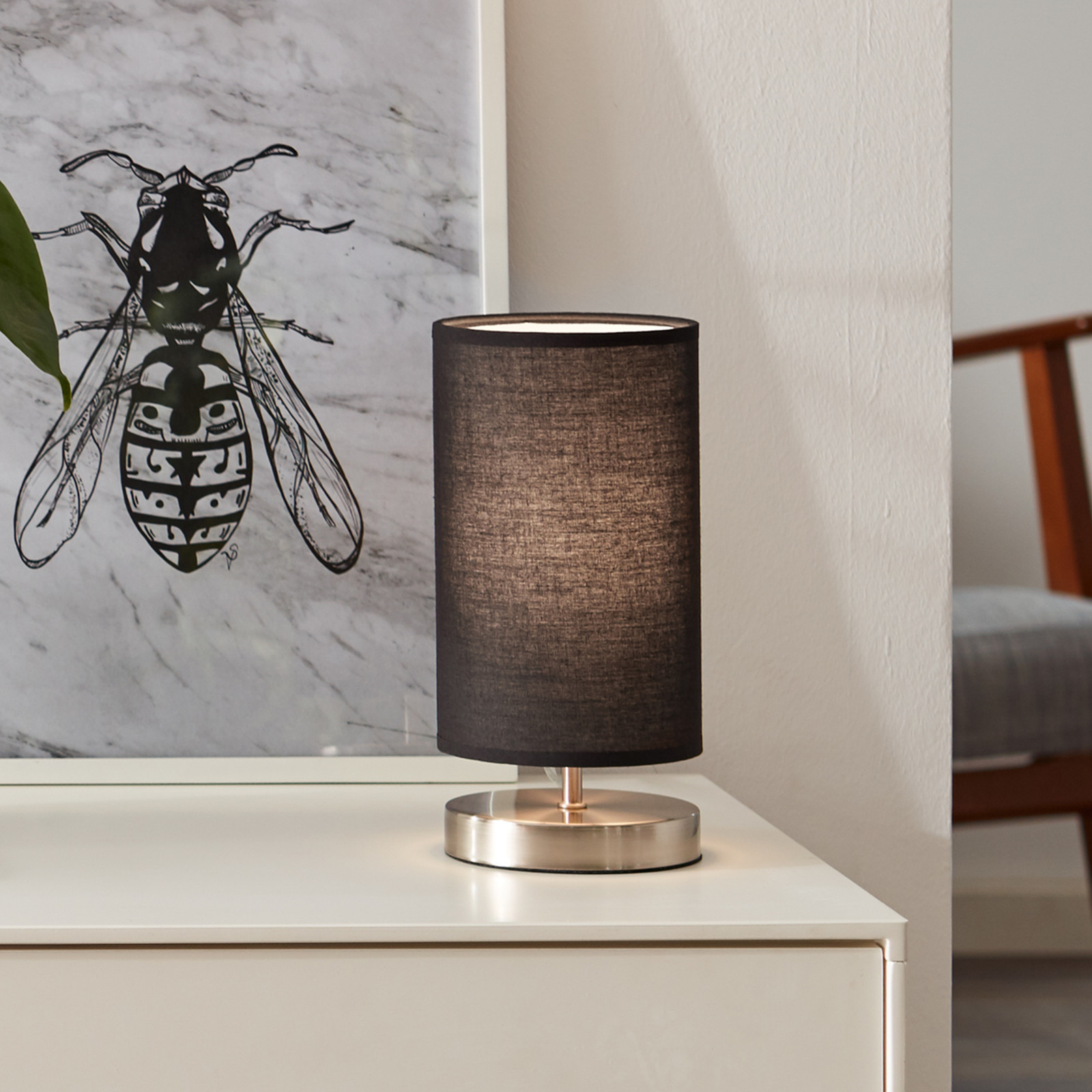 Brilliant Clarie moderne tafellamp grijs/zwart met snoerdimmer en textiel kap