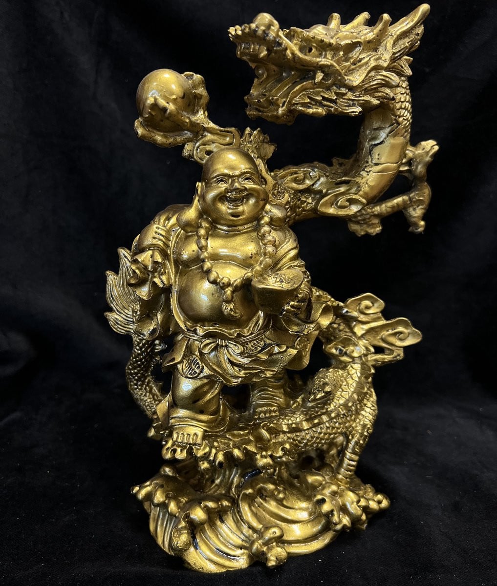 Gouden Draak Feng Shui Dikbuik Boeddha met Draak, Hoogte: 24 cm