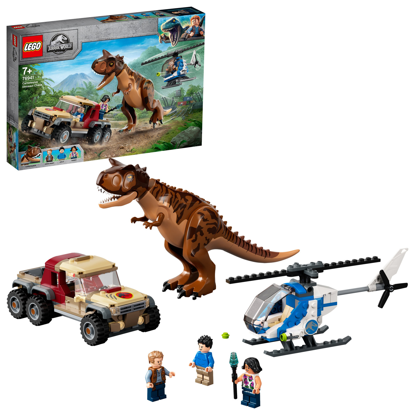LEGO 76941 Jurassic World Carnotaurus Chase dinosaurus speelgoed set met helikopter en pick-up truck