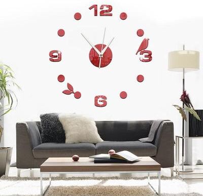 Everyday Crate 3D Bird & Leaf Wall Clock Sticker Modern Decorative Wall Art For Living Room red