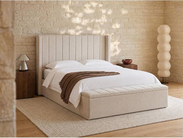 Bett mit Bettkasten & Bank - 180 x 200 cm - Stoff - Beige - DOUINO