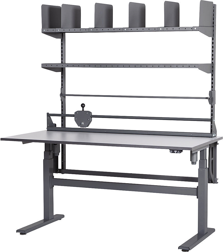 Packtisch, elektrisch höhenverstellbar, mit 2 Etagenböden, Papier-/Folienabroller und Schneideinheit, Breite 1600 mm eurokraft pro
