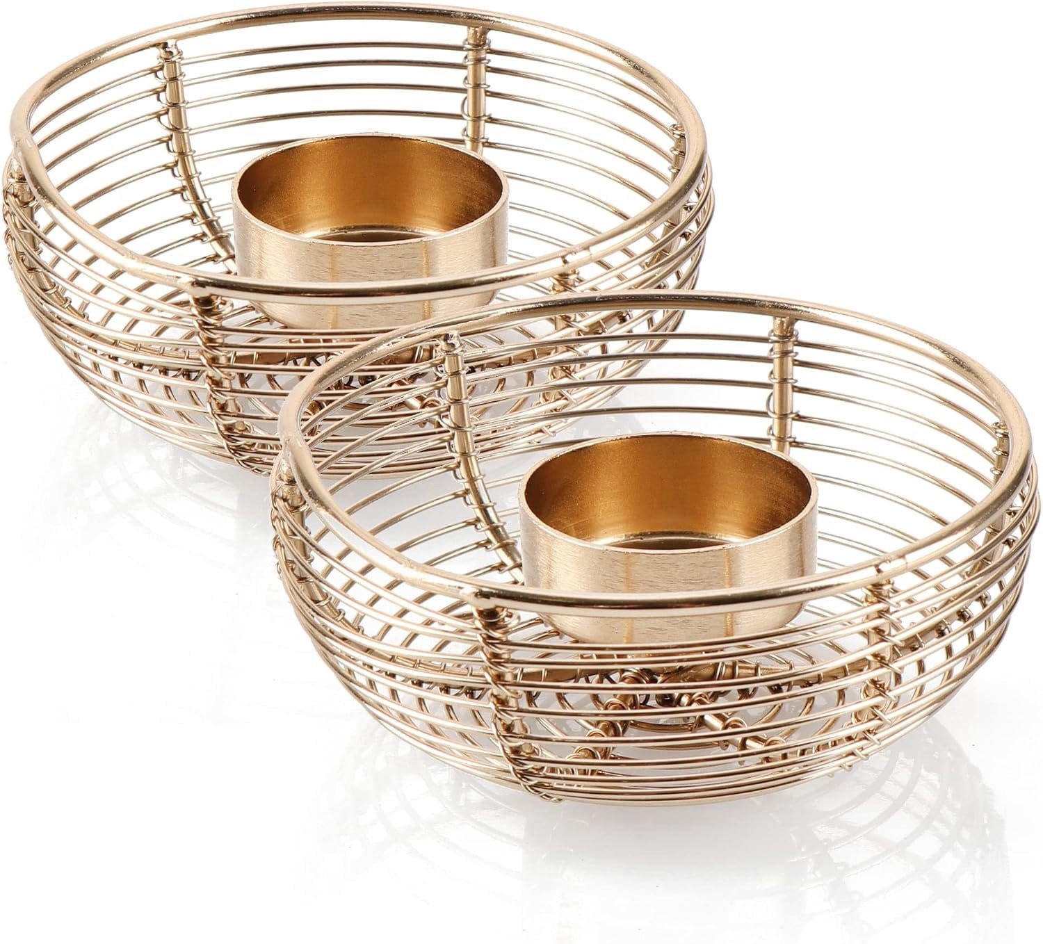 Set van 2 Metalen Theelichthouders Decoratieve Draadmand Kaarsenhouder - Goud