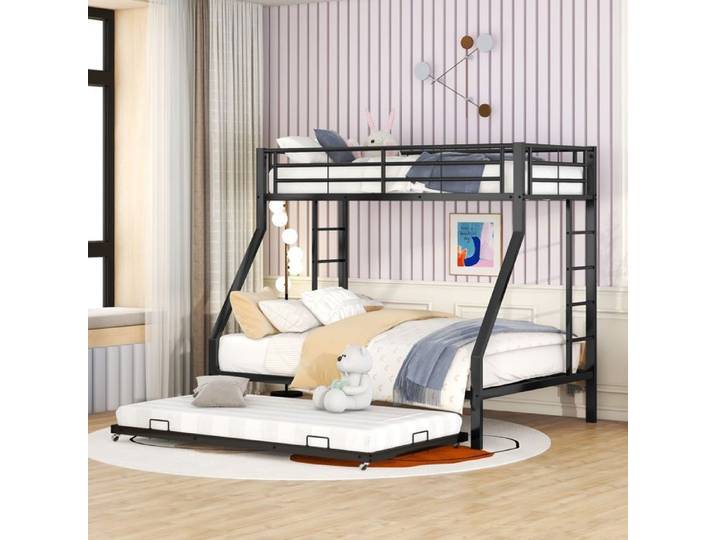 Lit superposé 3 couchages en métal noir - 1 lit 2 places 140x200cm 1 lit enfant 90x200cm avec 1 lit gigogne 90x200cm - sans