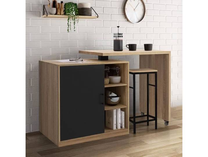 IDMARKET Ilot rotatif POLO meuble de bar pivotant 2 en 1 imitation hêtre porte noire