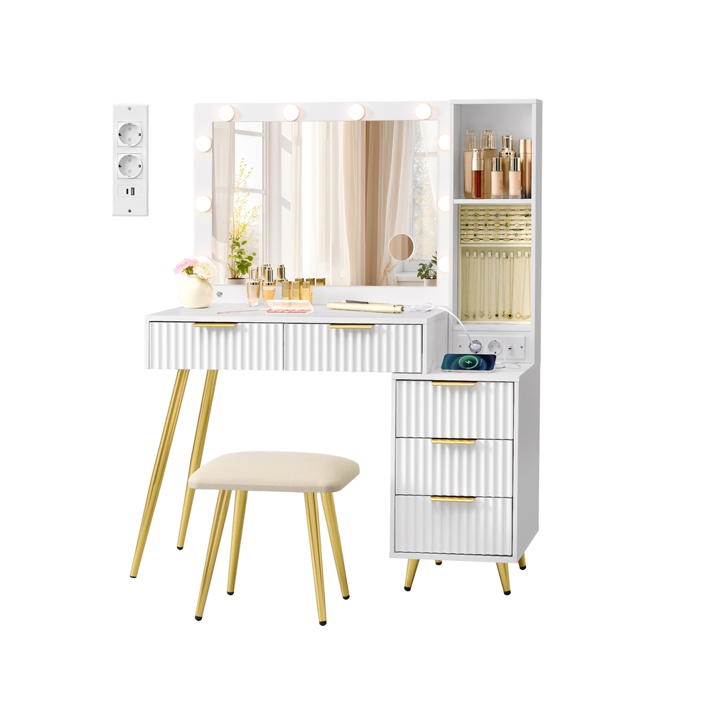 VASAGLE Schminktisch mit Hocker und Spiegel wolkenweiß RVT020WB01