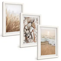 BILDER SET 3er Set - 20x30 cm Weißer Rahmen - Strandmotive, Muscheln, Wellen