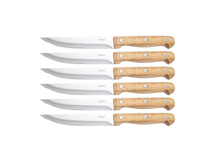 Dorre Couteau à steak BBQ Acier inoxydable, lot de 6, boîte en bois d’acacia, 22,5x2 cm