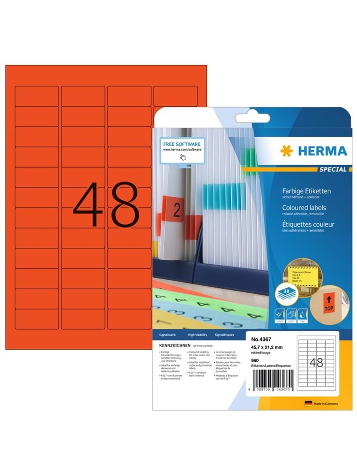 HERMA Farbige Etiketten A4, 45,7 x 21,2 mm, rot, ablösbar