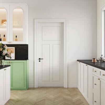Nuzanto 80 in. White 3 Panel Solid Manufactured Wood Primed Interior Shaker T Shape Standard Slab Door