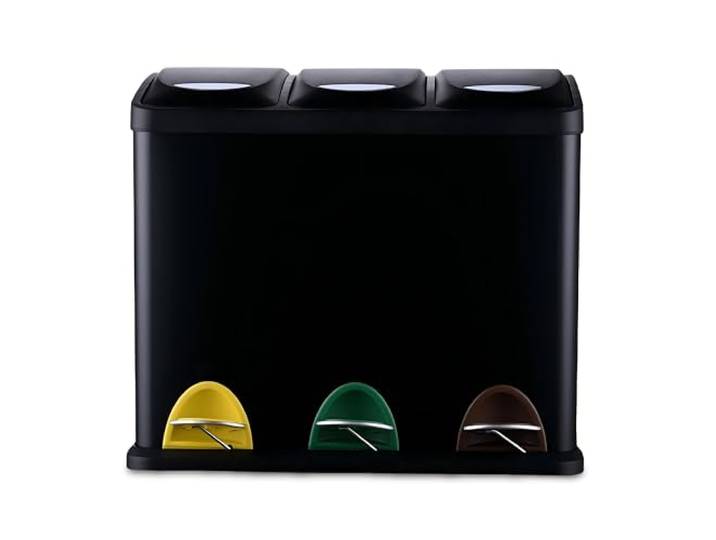 Relaxdays Mülleimer, 3 Fächer, 24 L, Fußpedal, Inneneimer, schwarz