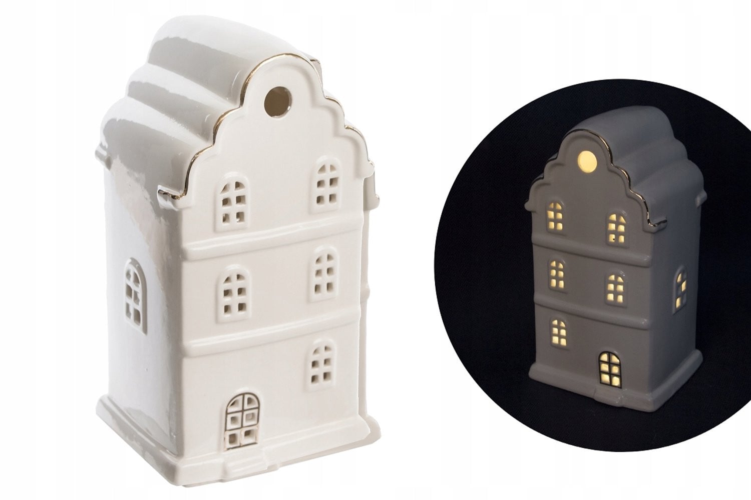 Keramisch huisje met LED verlichting, wit met gouden accenten