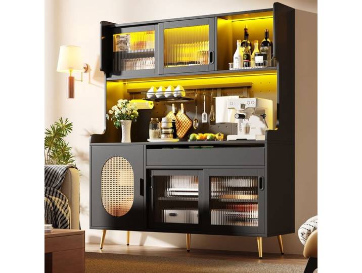 Buffet Haut Cuisine - Meuble de Rangement avec éclairage LED - Garde-Manger - Vaisselier - noir -145x39x171cm