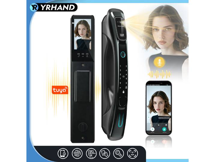 Serrure intelligente avec reconnaissance faciale 3D, lecteur de veines palmaires, lecteur d'empreintes digitales, contrôle à distance via application WiFi, interphone vidéo, verrouillage automatique