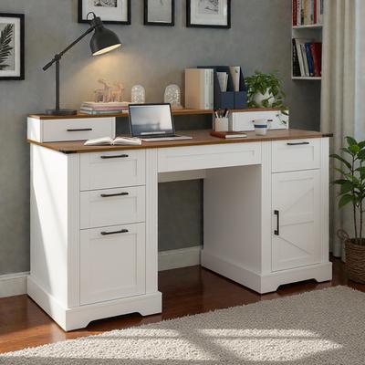 Fundinbaths 59 Inch Farmhouse Office Desk with Charging Station, Barn Door Desk with File Drawer Monitor Stand and Keyboard Tray