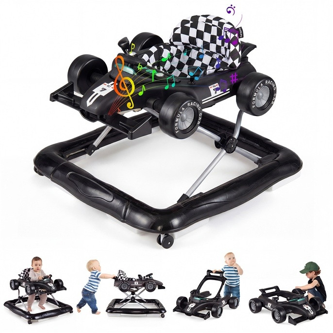 Costway 4-in-1 Loopwagen Autovormig met Stuur en Muziekdoos, Inklapbaar en Instelbare Hoogte, Zwart
