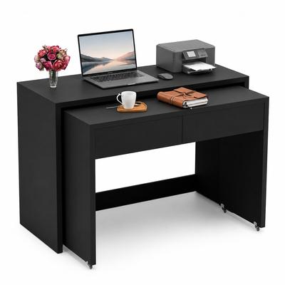 Merax 2-in-1 Schreibtisch mit Kommode, ausziehbarer Computertisch auf Rollen, Multifunktionstisch mit 2 Schubladen, 110×40×78 cm, Schwarz