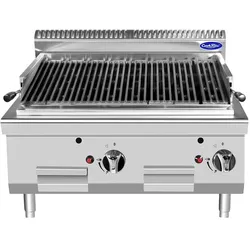Gas-Lavasteingrill aus rostfreiem Stahl. Piezoelektrische Zündung. Reste-Schublade. Leistung 2x7 kW. Abmessungen LxBxH 80x70x54,7 cm. AT7G8CM-C