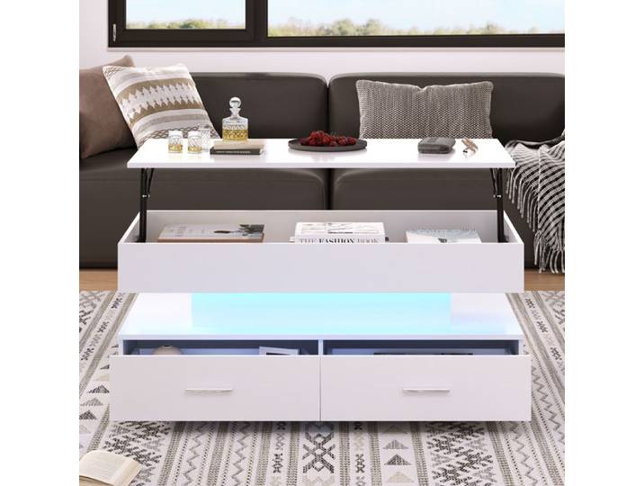 ROVRYN Table basse relevable 100 x 50 x 44 cm LED Bluetooth 2 tiroirs rangement caché blanche