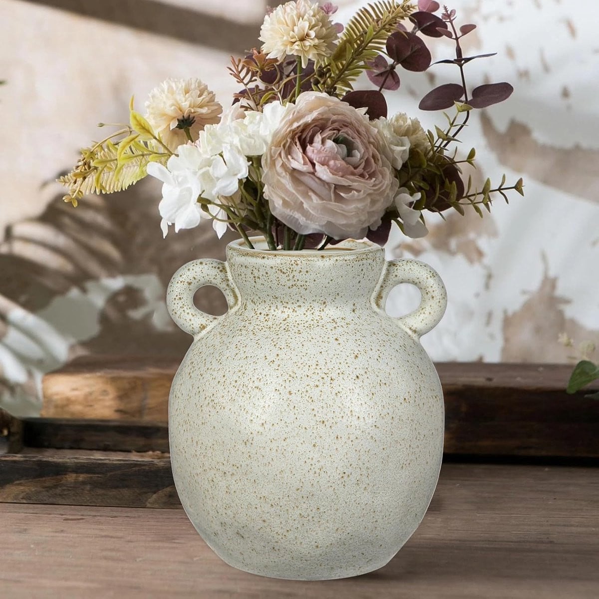 Beige Vintage Sierlijke Vaas - Terracotta Gespikkeld - Hoogte: 18 cm