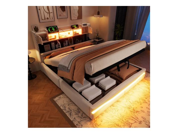 REDOM Polsterbett mit hydraulischem Stauraum, LED-Beleuchtung & Fernbedienung (Kinderbett, Stauraumbett mit Kopfteil, Nachtisch-Speicher und innovativem Design, 160x200 cm), ohne Matratze