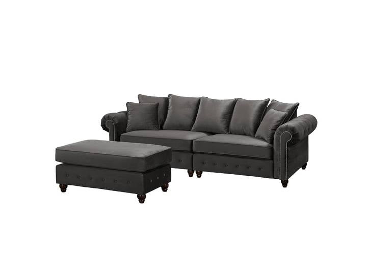 Bigsofa Grau/Grau Samt 260 x 90 x 93cm mit Hocker Glamour