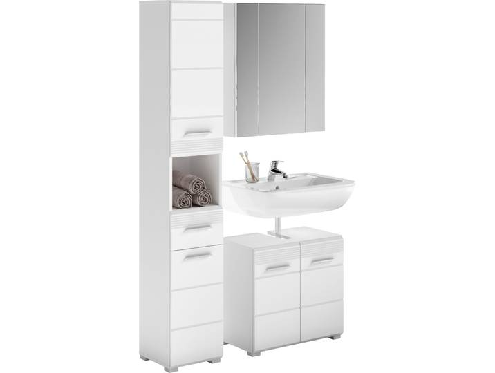 Badmöbel-Set HOME AFFAIRE Malmö, 3 teilig, bestehend aus: , weiss (weiß, weiß hochglanz), Holzwerkstoff, MDF, Kastenmöbel-Sets, Badmöbel-Set, Hochschrank, Waschbeckenunterschrank, Spiegel