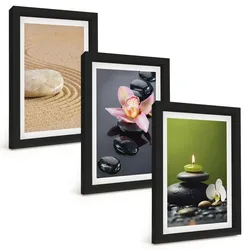 BILDER SET 3er Set - 20x30 cm Schwarzer Rahmen - Entspannende Zen-Steinmotive